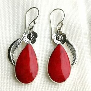 Red Sponge Coral sterling silver Mexican flower dangle earrings